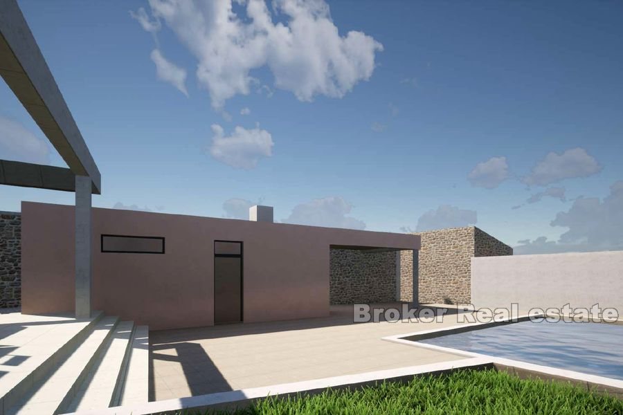 Nově postavený jednopodlažní dům s bazénem