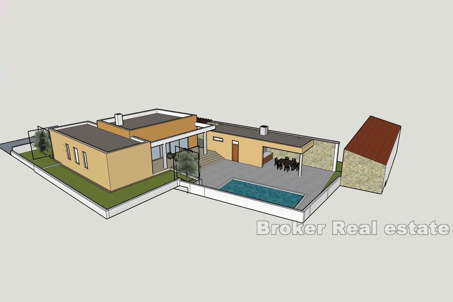 Nybygd en-etasjes hus med svømmebasseng